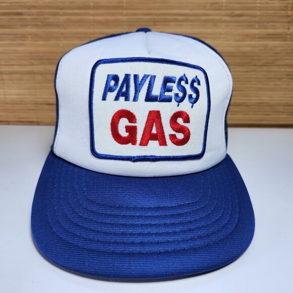 Truckers Hat Cap Vintage PAYLE$$ Payless GAS Snapback Men's Blue and White - Picture 1 of 10